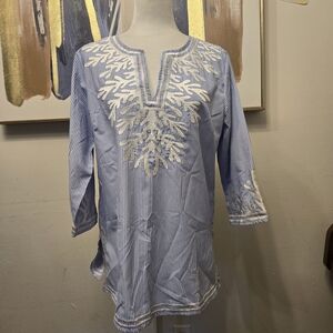 Gretchen Scott Designs Blue and White Embroidered Tunic